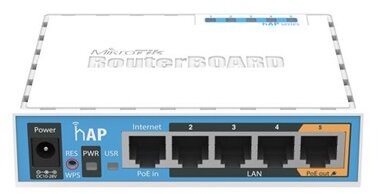 Mikrotik (RB951Ui-2nD) hAP router, 4x 10/100 LAN, 2.4Ghz, wireless-b/g/n, integrált antenna, passzív PoE