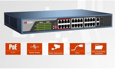 Hikvision DS-3E0326P-E PoE switch, 24x 10/100 PoE(370W) + 2x gigabit combo port, L2, nem menedzselhető