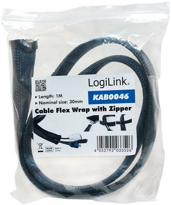 LogiLink - rugalmas kábelrendező, zippzárral, fekete, 1m - KAB0046