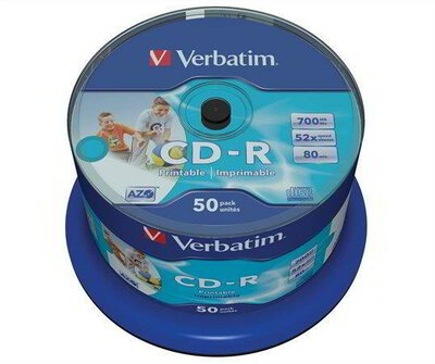 VERBATIM - 50 db CD-R lemez, nyomtatható, matt, no-ID, AZO, 700MB, 52x, hengeren