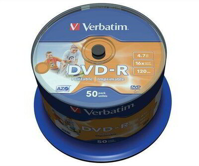VERBATIM - 50 db DVD-R lemez, nyomtatható, matt, no-ID, 4,7GB, 16x, hengeren