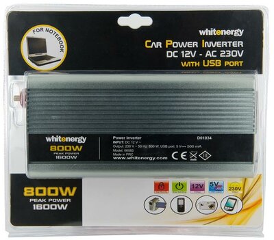 Whitenergy 12V - 230V 800 W, USB csatlakozó, feszültség átalakító (autós)