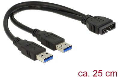 Delock - 83910 - USB 3.0 pinheader -> 2db USB 3.0 A M/M adatkábel 0.25m fekete