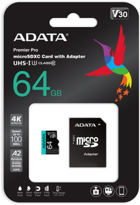 ADATA - Premier Pro MICROSDXC 64GB + adapter - AUSDX64GUI3V30SA2-RA1
