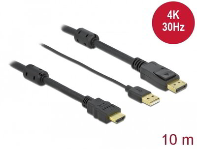 DELOCK - HDMI M DisplayPort M 4K cable 10m powered by USB A M - 85968