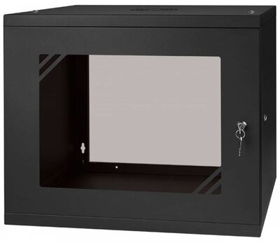 Stalflex RC19-9U-450GB 19" 9U 450 mm mély lapra szerelt fekete üveg ajtós fali rack szekrény