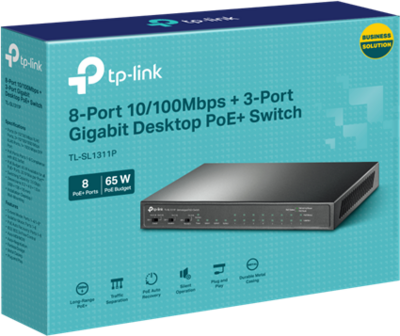 TP-LINK - TL-SL1311P 8-Port 10/100Mbps + 3-Port Gigabit Desktop Switch with 8-Port PoE+