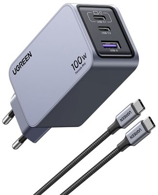 UGREEN - Nexode Pro hálózati töltő, 100W, 3 Port, GaN, 2x USB-C, 1x USB-A - Szürke - 25874