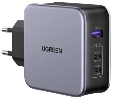 UGREEN - Nexode hálózati töltő, 140W, 3 port, GaN, PD 3.1, 2x USB-C, 1x USB-A - Szürke - 90549