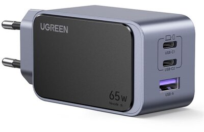UGREEN - Nexode S hálózati töltő, 65W, 3 Port, GaN, PD 3.0, 2x USB-C, 1x USB-A - Szürke - 35042