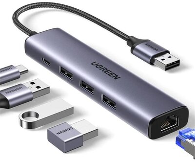 UGREEN - HUB USB 3.0, 3x USB-A. 1x USB-C, Ethernet 1Gbit/s - Szürke - 60554