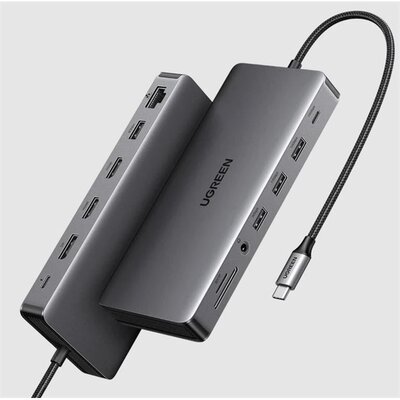 UGREEN - USB HUB 13 az 1-ben, Triple Display, 4K@60Hz, HDMI, DP, 3x USB-A, USB-C, SD/TF, Jack - Szürke - 15978