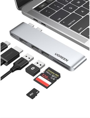UGREEN - USB HUB 6 az 1-ben, 4K×2K@30Hz, USB 3.0 HUB, HDMI, USB-C, USB-A, 5Gbps - Szürke - 80856