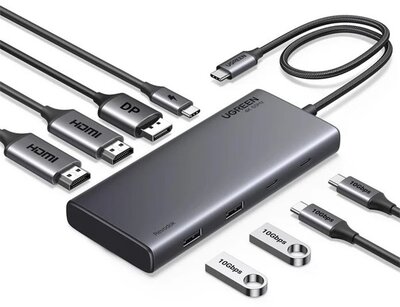 UGREEN - Dokkoló állomás 8 az 1-ben, Dual Display, DP, HDMI, 4K@60Hz, USB 3.2 HUB, 100W, PD, 10Gbps - Szürke - 35625