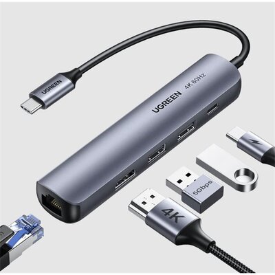UGREEN - USB HUB 5 az 1-ben, 4K@60Hz, USB HUB, HDMI 2.0, Ethernet, 3x USB-A, USB-C, 100W - Szürke - 10919