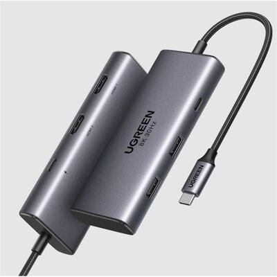UGREEN - Dokkoló állomás 6 az 1-ben, 8K@30Hz, Dual Monitor, USB HUB, Dual HDMI 2.0 és 2.1, 2x USB-A, USB-C, 100W - Szürke - 15852