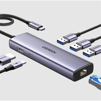 UGREEN - USB HUB 6 az 1-ben, 4K@30Hz, USB HUB, Ethernet, HDMI 1.4, 3x USB-A, 100W - Szürke - 15598