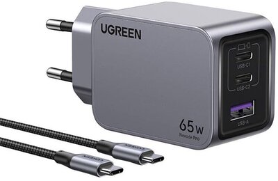 UGREEN - Nexode Pro 65W USB/2xUSB-C fekete hálózati töltő + Type-C kábel - 25871