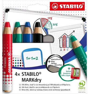 Stabilo MARKdry táblákhoz és flipchartokhoz 4db-os vastag színes táblaceruza készlet törlőkenővel és hegyezővel