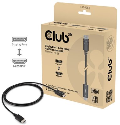 Club 3D Kábel - CAC-1083 (DisplayPort 1.4 to HDMI 2.0, aktív adapter, 4K60Hz, HDR, 2m)