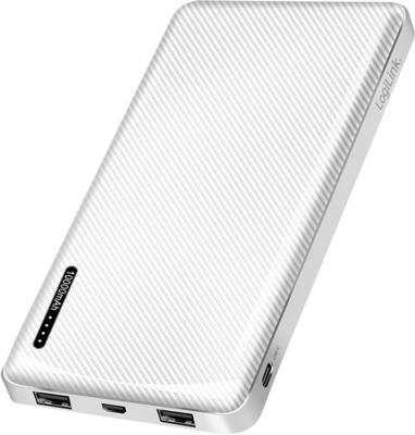 Logilink Powerbank 10000 mAh, 2x USB-A, USB-C, mikro-USB, kapcsolási funkcióval, fehér - PA0316W