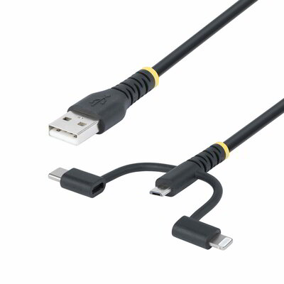Startech - 1 m-es strapabíró USB többfunkciós töltőkábel 3 az 1-ben, USB - USB-C Micro Lightning, Apple Mfi tanúsítvánnyal - RLTCUB1MBK