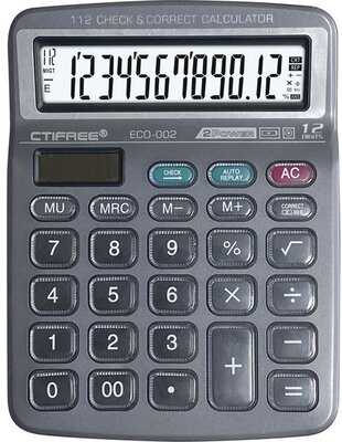 CTIFREE - ECO-002 fekete számológép, 138x178mm, 12 számjegy, dual power