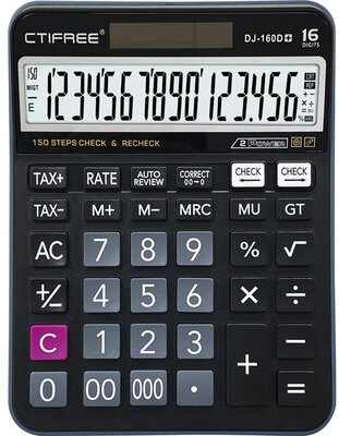 CTIFREE - DJ-160Dplus fekete számológép, 145x190mm, 16 számjegy, TAX funkció, dual power