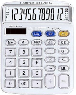 CTIFREE - ECO-001 fehér számológép, 120x154mm, 12 számjegy, dual power