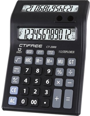CTIFREE - CT-2000 duál kijelzős fekete számológép, 135x195mm, 12 számjegy