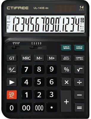CTIFREE - UL-140E-BK fekete ergonómikus számológép, 145x198mm, 14 számjegy, dual power