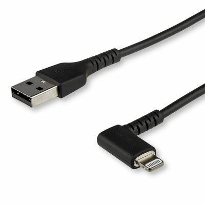 Startech - 1 m-es (3 láb) tartós USB A - Lightning kábel - fekete, 90°-os derékszögű - RUSBLTMM1MBR
