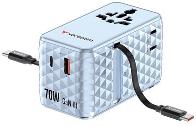 Verbatim - Charge n Travel 70W kék univerzális utazó adapter 2xUSB-C kábellel - 30187