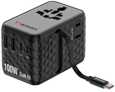 Verbatim - Charge n Travel 100W fekete univerzális utazó adapter USB-C kábellel - 30191