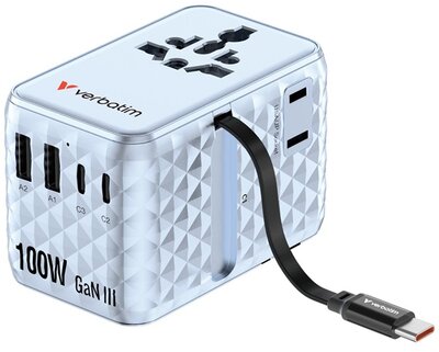 Verbatim - Charge n Travel 100W kék univerzális utazó adapter USB-C kábellel - 30192