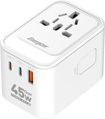 Energizer ETC450 univerzális csatlakozású (EU, UK, US, AU) utazó adapter és PD gyorstöltő max. 45W töltési teljesítménnyel