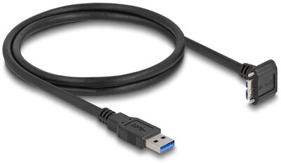 Delock USB 5 Gbps kábel A-típusú USB apa egyenes Mikro-B-típusú USB apa 90 -ban lefelé fordított 18 mm-es csavar távolsággal 1 m, fekete