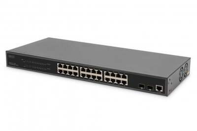 Assmann-DIGITUS 24 portos gigabites PoE hálózati switch, 19 portos, L2 menedzselt, 2 Uplink port, SFP, 430 W, af/at - DN-95359
