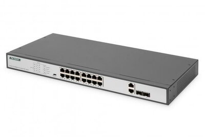 Assmann-DIGITUS 16 portos Fast Ethernet PoE hálózati switch, 19 zóna, nem menedzselhető, 2 Uplink port, SFP, 250 W, af/at - DN-95342-1