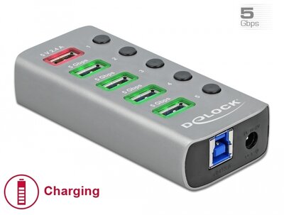 Delock USB 3.2 Gen 1 hub 4 porttal valamint 1 gyorstöltő porttal kapcsolóval és megvilágítással