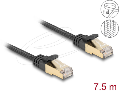 Delock RJ45 lapos hálózati kábel fonott borítással Cat.6A U/FTP apa - apa 7,5 m fekete - 80329