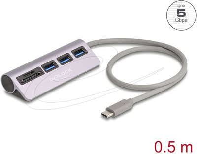 Delock 3 portos USB 5 Gbps hub beépített SD és Micro SD kártyaolvasóval, valamint USB Type-C™ csatlakoztatóval - 64292