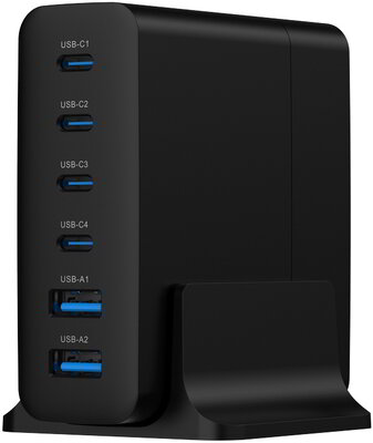 Gembird - 6 portos 75 W-os GaN USB gyorstöltő, fekete - TA-UC-2A4C-PD75-01-BK