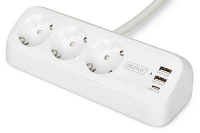 DIGITUS - 3 pólusú irodai csatlakozósáv 2x USB-A és 1x USB-C csatlakozóval, fehér 1,5m - DA-70626