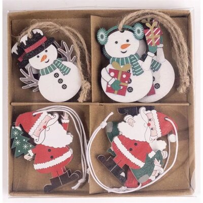 IRIS - fa akasztós hóember és mikulás szettben, 8 darabos, 4 féle 5 x 5 cm - 061349