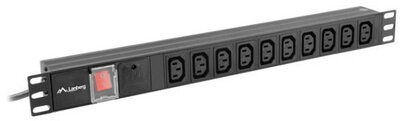 Lanberg - 19 1U 10xC13 aljzat C14 csatlakozóvéggel 2m fekete elosztósor kapcsolóval - PDU-10I-0200-IEC-BK