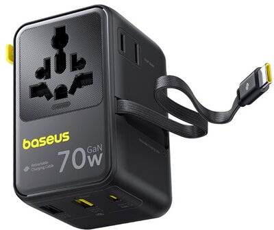 Baseus - EnerCore CG11 töltőállomás, 70W, 1×AC + 2×USB Type-A + 1×USB Type-C + 1×USB Type-C automata behúzós kábel, fekete - E0307E00