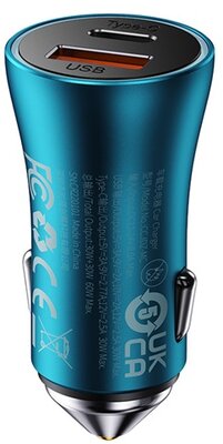 Baseus - Golden Contactor Max autós gyorstöltő 60W, USB Type-A + USB Type-C, kék - CGJM000103