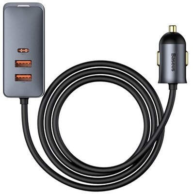 Baseus - Share Together PPS autós gyorstöltő 120W, 3×USB Type-A + USB Type-C, beépített kábel, 1,5 m, szürke - CCBT-B0G