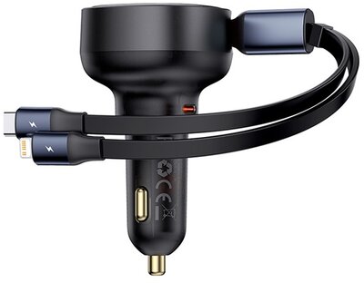 Baseus - Enjoyment Pro autós gyorstöltő 60W, USB Type-C + USB Type-C/iPhone automata behúzós kábel, fekete - C00057802111-00